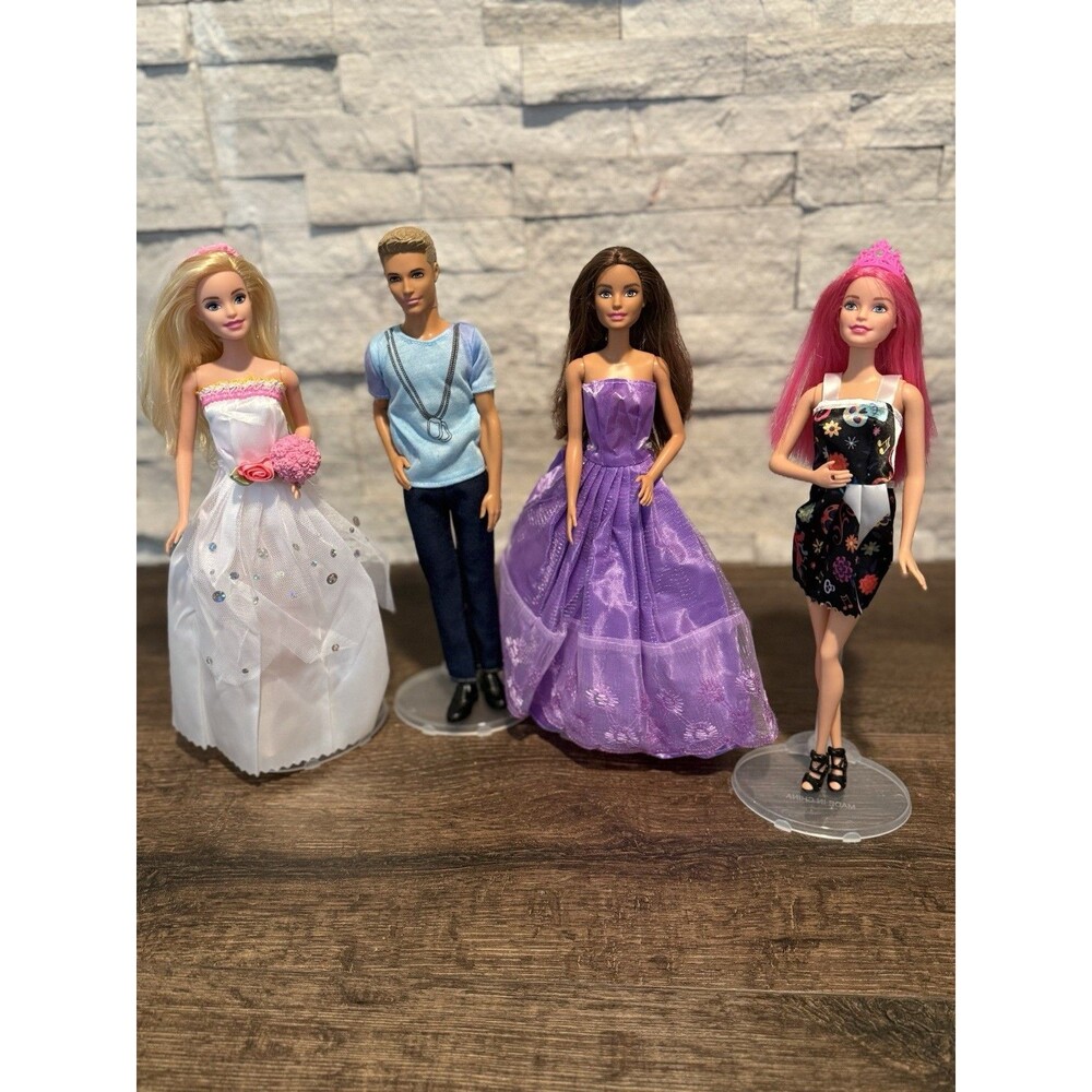 Barbie Doll Lot of 4 Fashion Dolls - Wedding Bride, Ken, Princess Gown W/ Stands